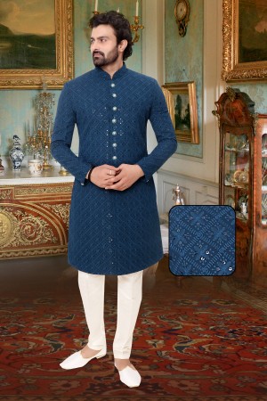 Blue Lakhnavi Silk  Indo Western Sherwani